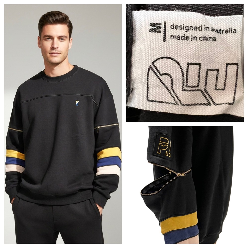 PE Nation Black Colorblock Sweatshirt Zipper Sleeve‎ M Cotton Logo Athleisure